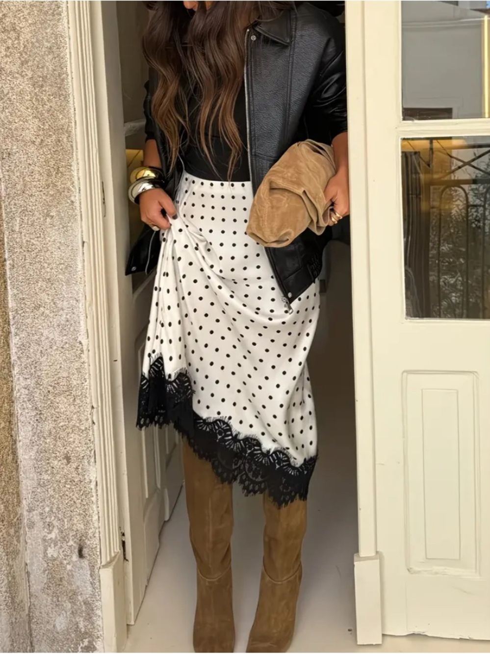 Polka Dot Lace-Hem Midi Skirt - White with Black Trim
